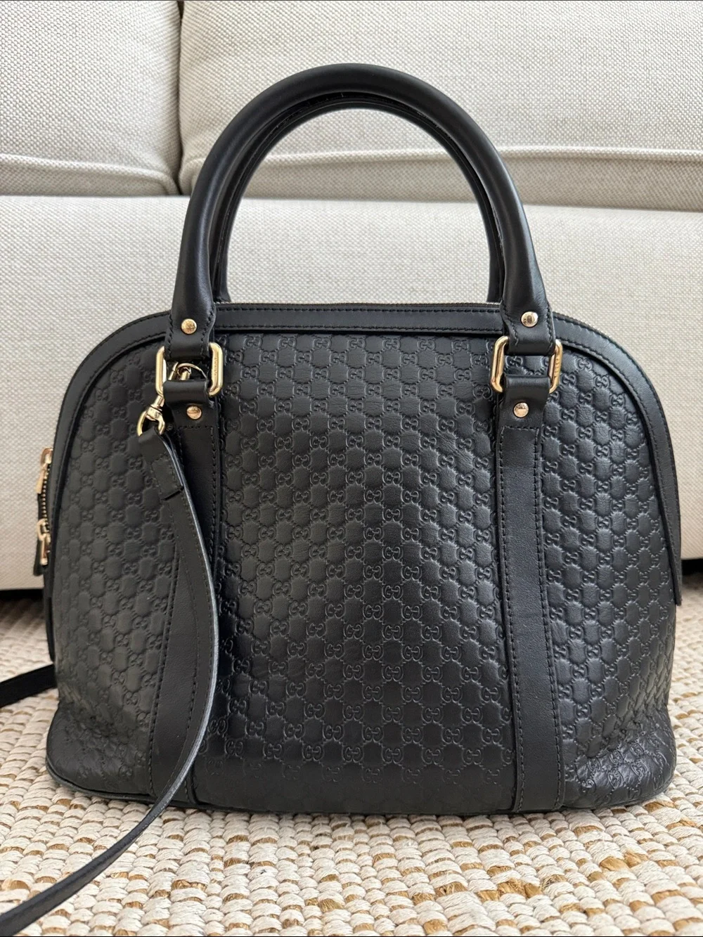 Gucci Black Embossed GG Dome Satchel with Gold-Tone Hardware